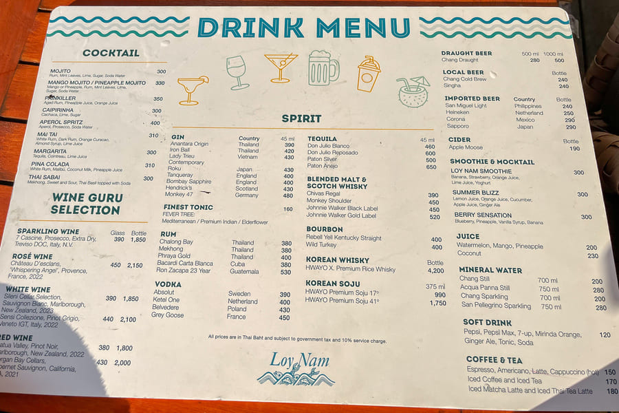 プールバーのドリンクメニュー